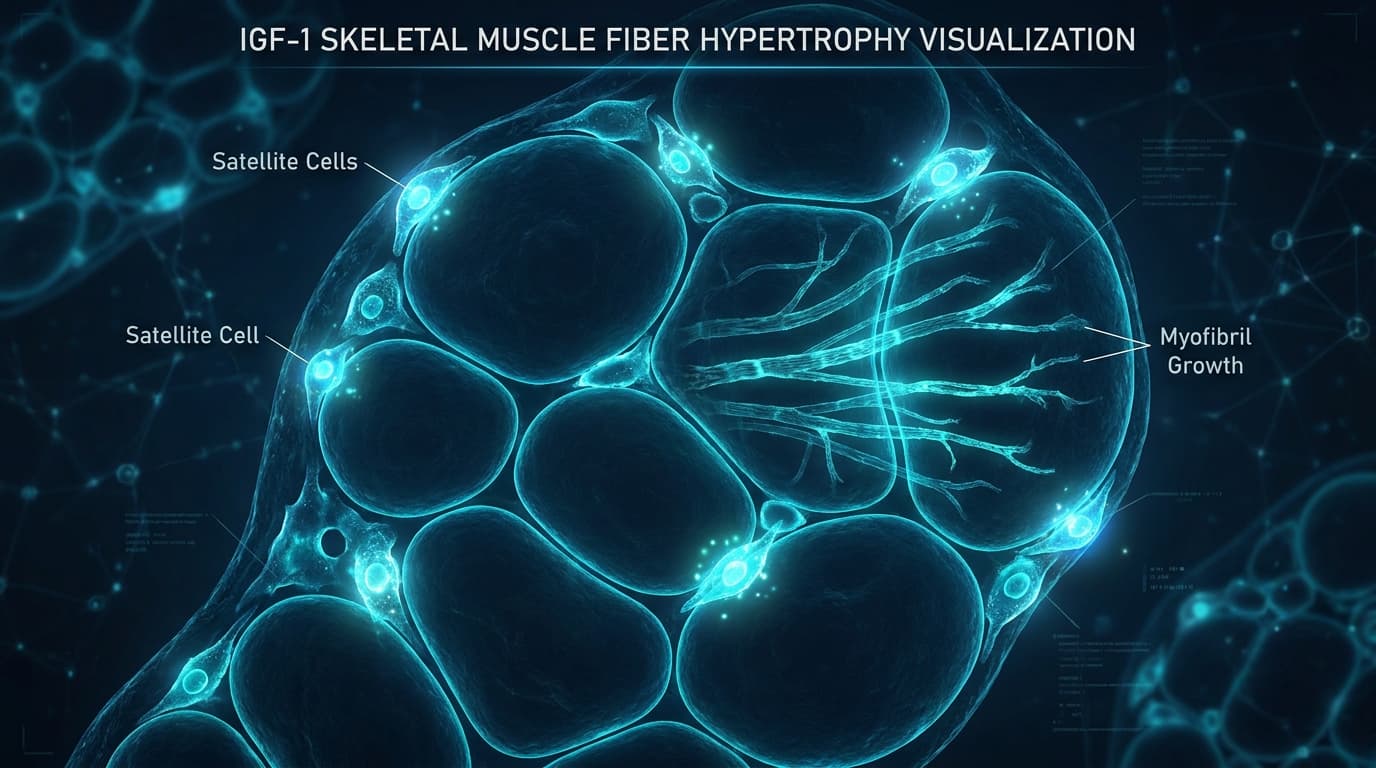 Scientific illustration of skeletal muscle satellite cell activation and mTOR-mediated hypertrophy signaling pathway diagram