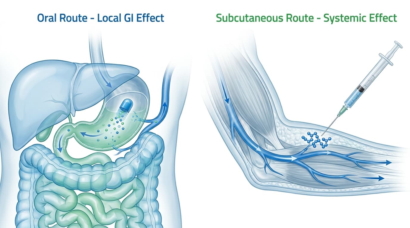 Oral vs injectable BPC-157 absorption pathway diagram — GI tract local effects vs subcutaneous systemic circulation