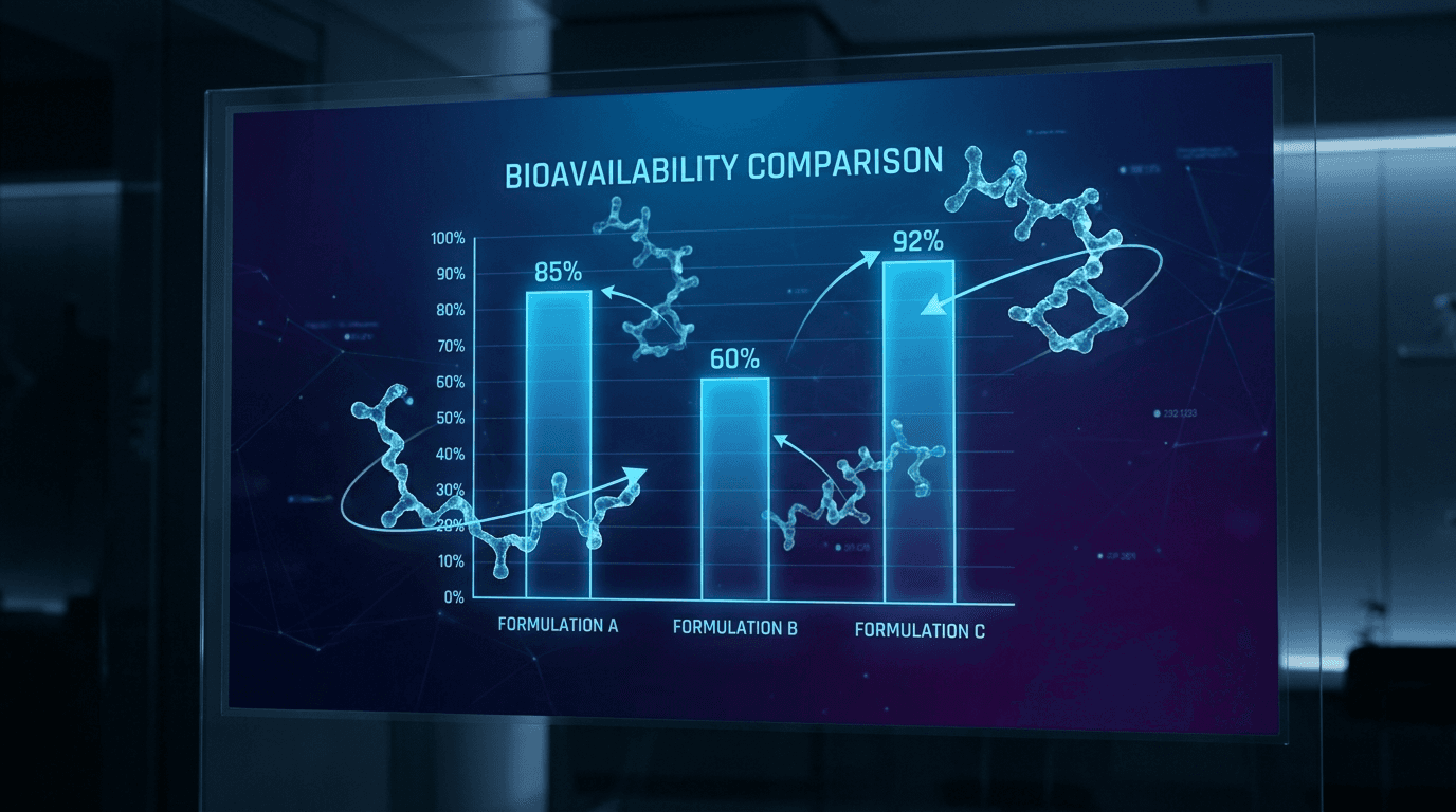 BPC-157 bioavailability comparison visualization — oral vs injectable absorption percentages