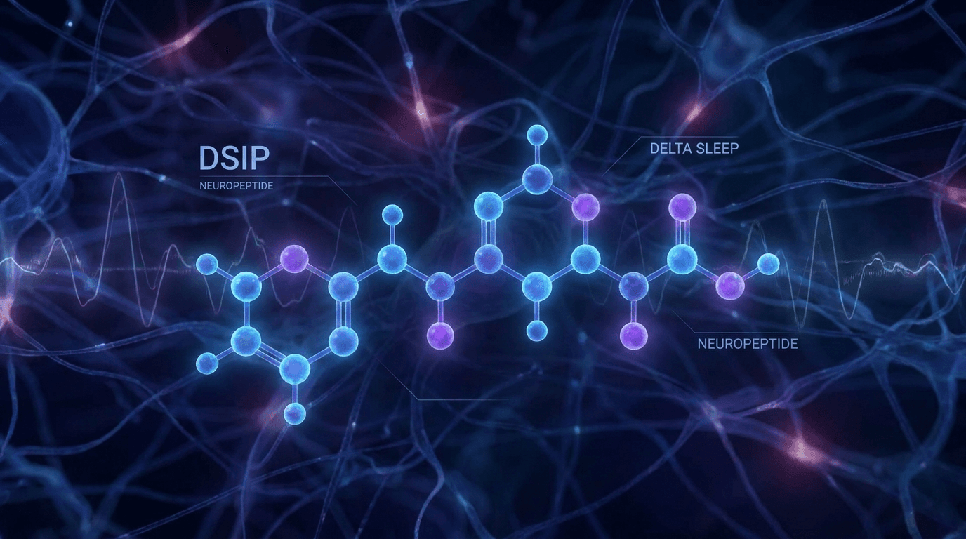 DSIP delta sleep inducing peptide neuropeptide molecular structure glowing in a neural background with brain waves, sleep science visualization