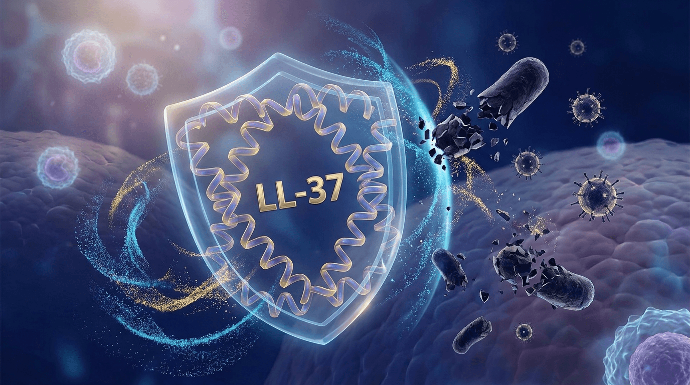 LL-37 cathelicidin antimicrobial peptide defending against bacteria and viruses — human immune system defense visualization with glowing shield structure