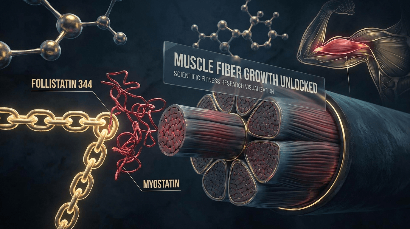 Follistatin 344 blocking myostatin chains unlocking muscle fiber growth — molecular biology visualization with protein structures