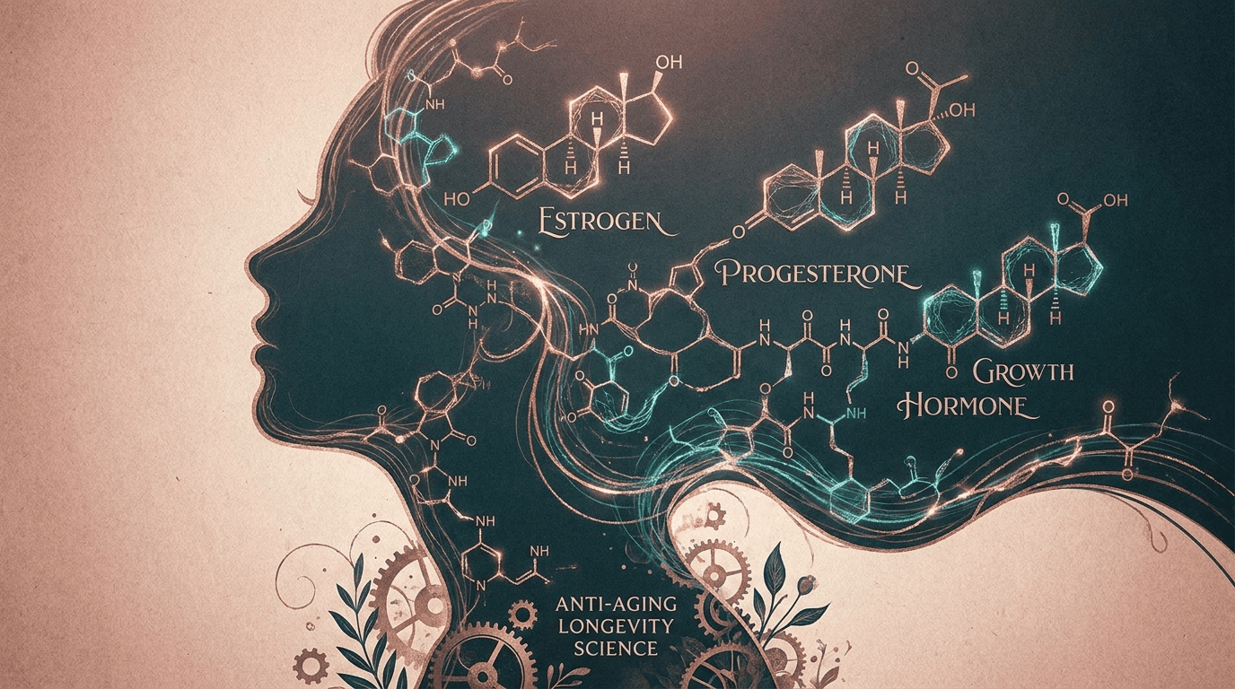 Peptides for women hormonal health — female silhouette with glowing molecular peptide structures representing hormones and anti-aging science