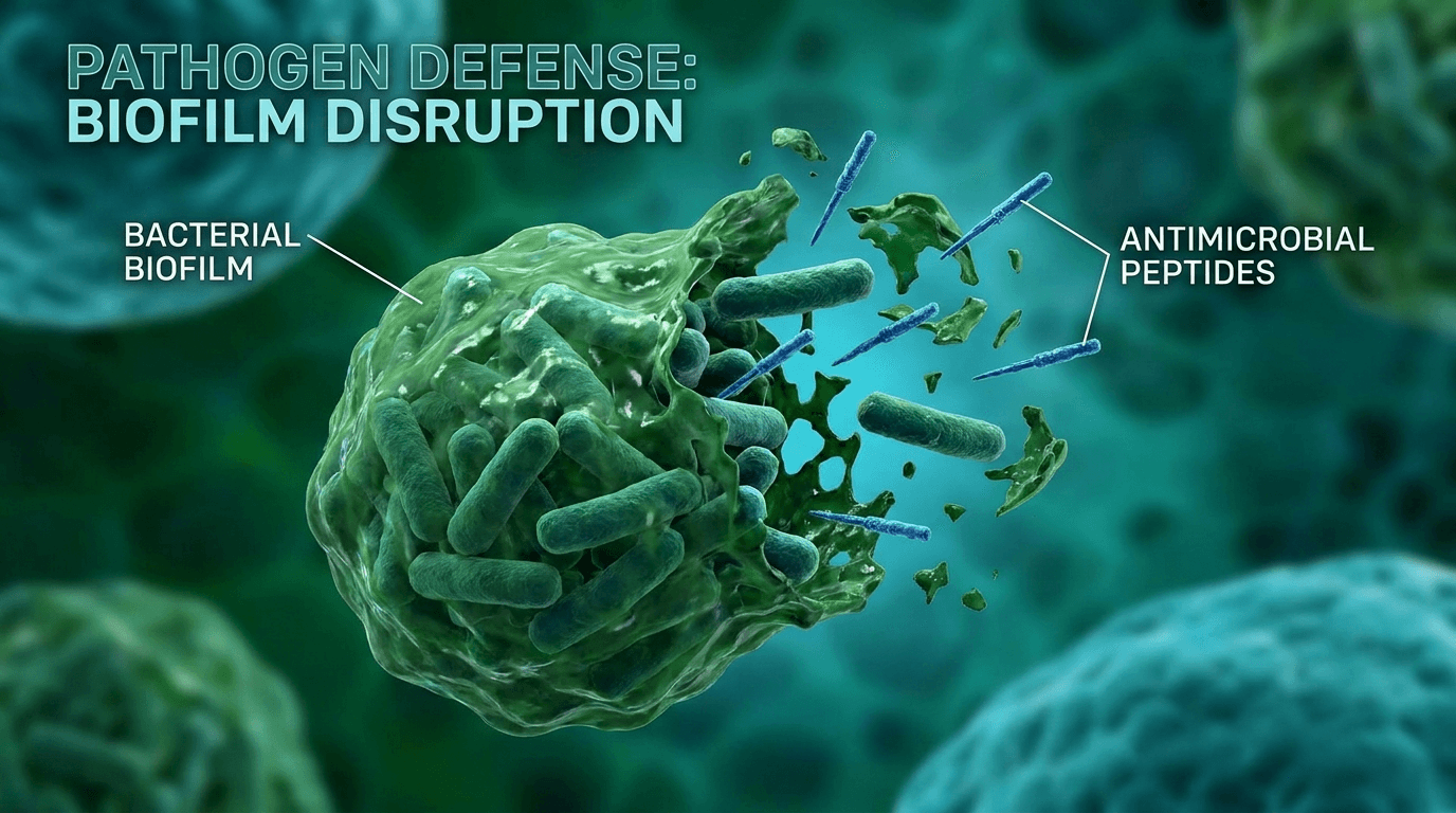 Bacterial biofilm being disrupted by antimicrobial peptide molecules, scientific microscopy visualization