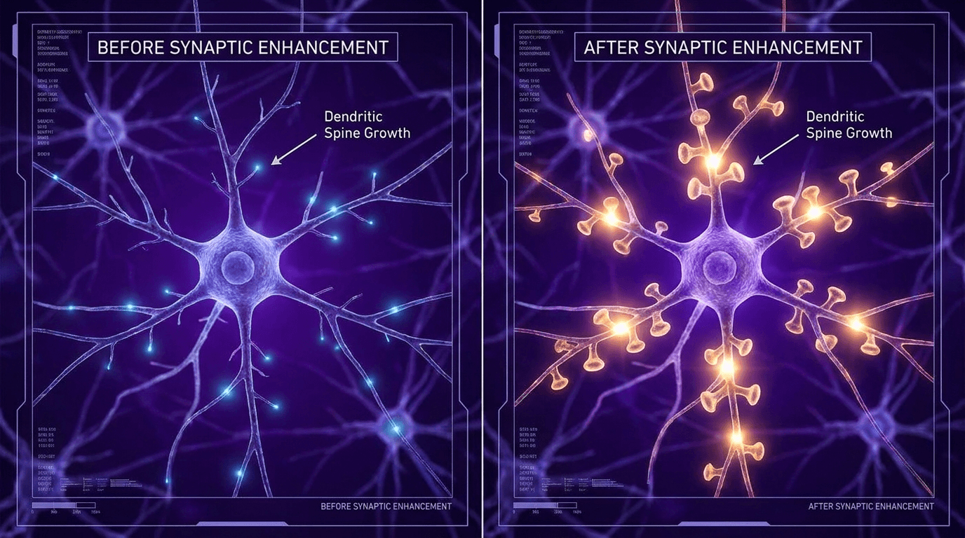 Hippocampal neurons before and after synaptic enhancement, dendritic spine growth comparison visualization