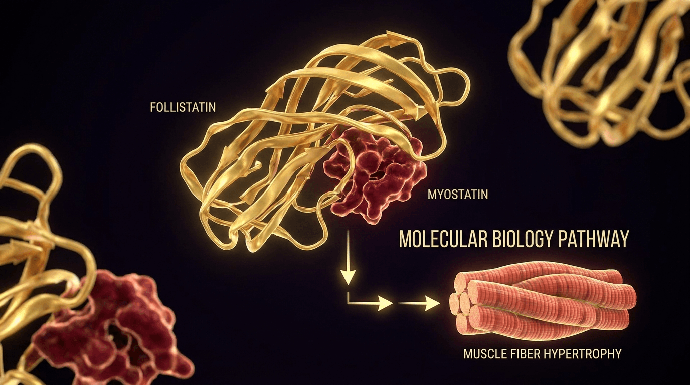 Myostatin protein molecule being blocked by follistatin binding — muscle fiber hypertrophy pathway diagram visualization