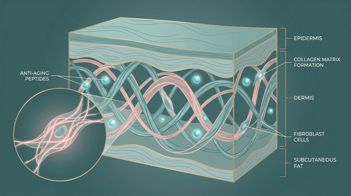 Female skin collagen fiber regeneration at cellular level — anti-aging peptide science visualization