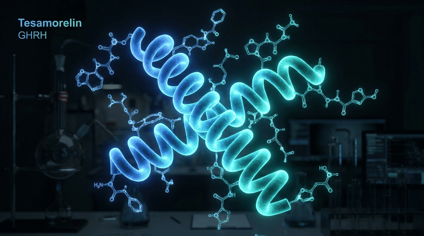 Tesamorelin GHRH peptide molecular helix structure glowing teal-blue — growth hormone releasing factor visualization