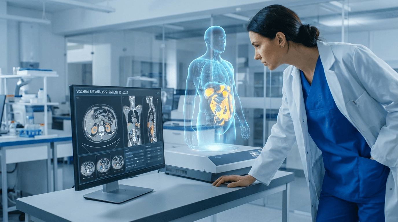 Medical professional reviewing visceral fat CT scan showing abdominal fat distribution — tesamorelin clinical research