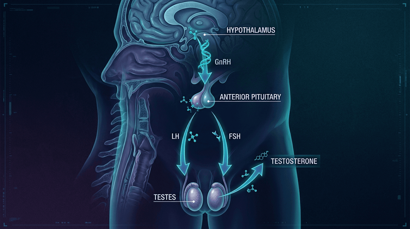 Hypothalamic-pituitary-gonadal HPG axis diagram showing gonadorelin GnRH signal pathway with LH and FSH production and testicular testosterone synthesis