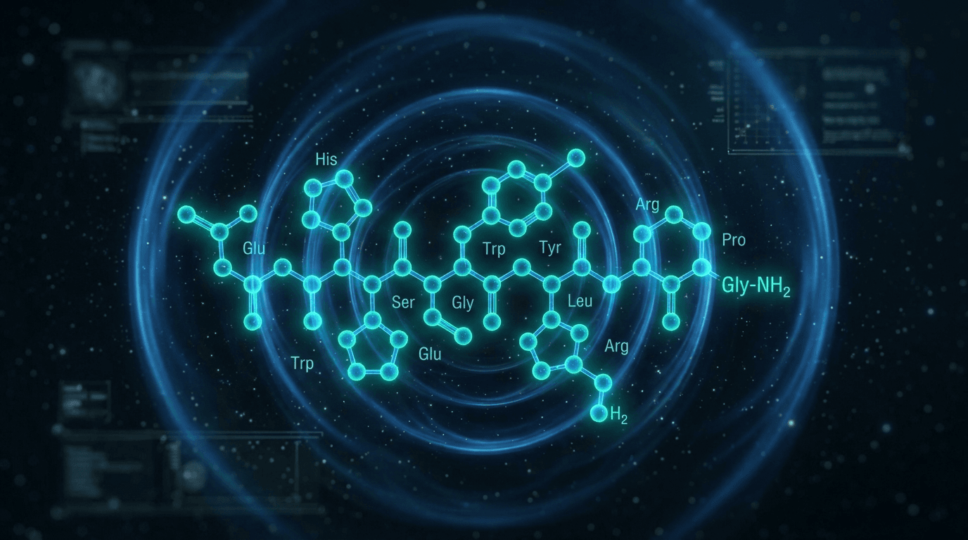 Gonadorelin GnRH decapeptide molecular structure visualization glowing teal amino acid chain with pulsatile wave patterns on dark background