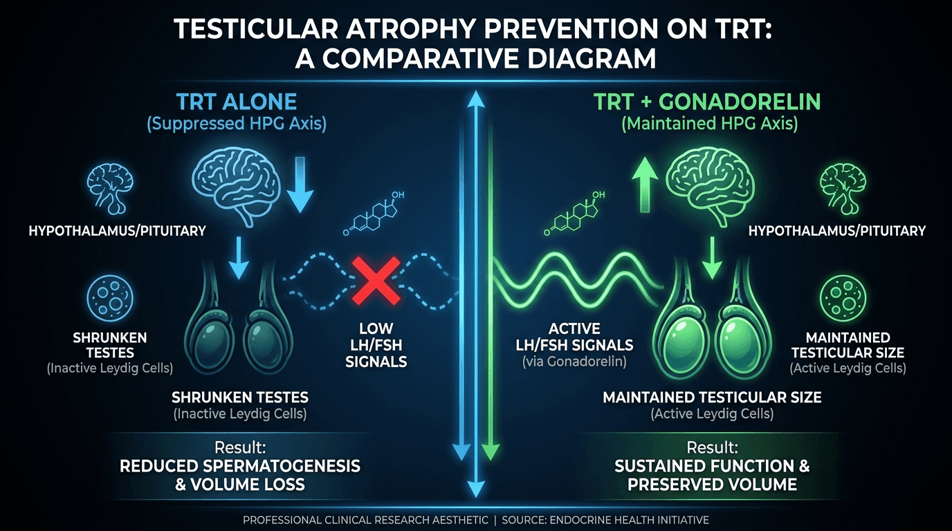 Split diagram comparing TRT alone showing suppressed HPG axis and testicular atrophy versus TRT plus gonadorelin showing maintained testicular size and active LH FSH signaling