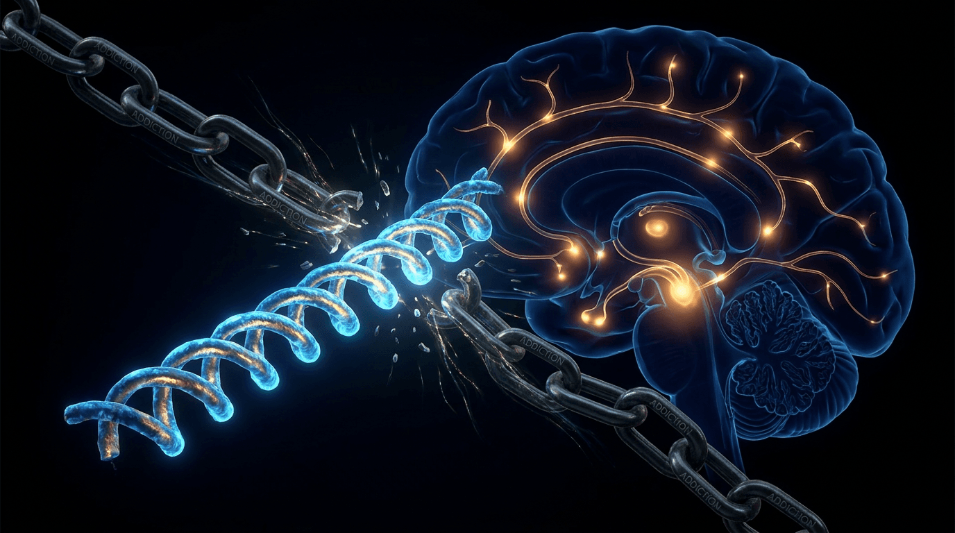 GLP-1 peptide molecular helix dissolving chains of addiction with glowing neural reward pathways and brain cross-section — semaglutide addiction research 2026
