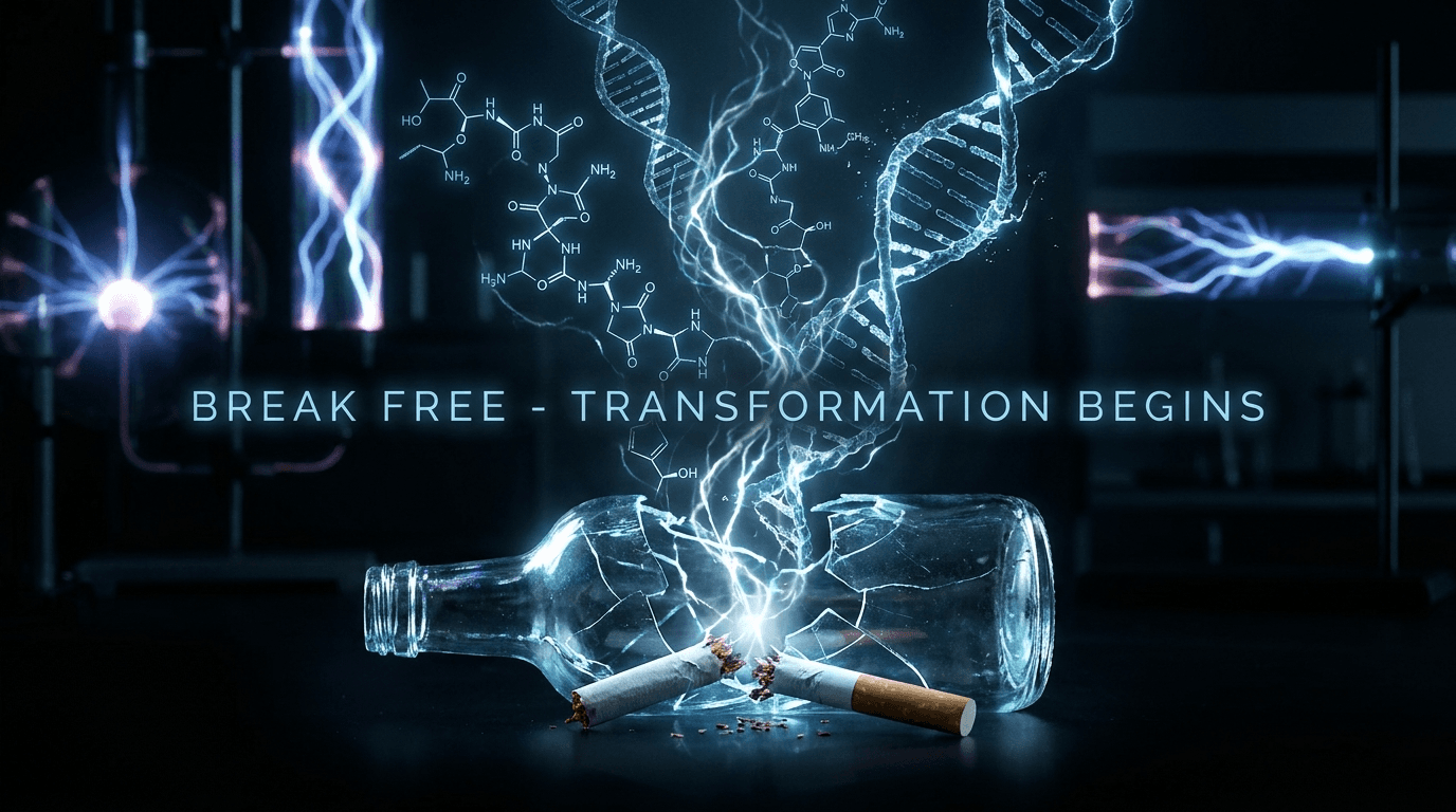 Cracked glass bottle and cigarette dissolving into GLP-1 peptide molecular structures and DNA helices — transformation from addiction to clarity