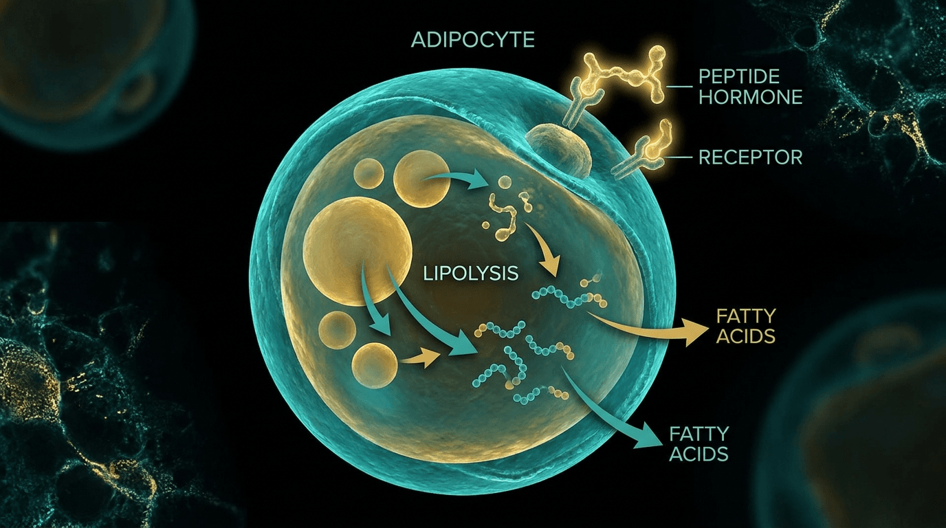 Scientific illustration of adipocyte fat cell lipolysis mechanism — NNMT inhibition peptide molecules binding to cell receptors triggering fat breakdown