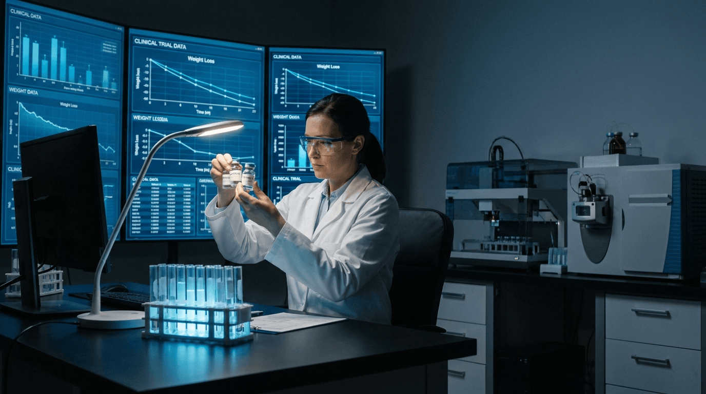 Research laboratory with glowing peptide vials and clinical data screens — NAD+ longevity research visualization