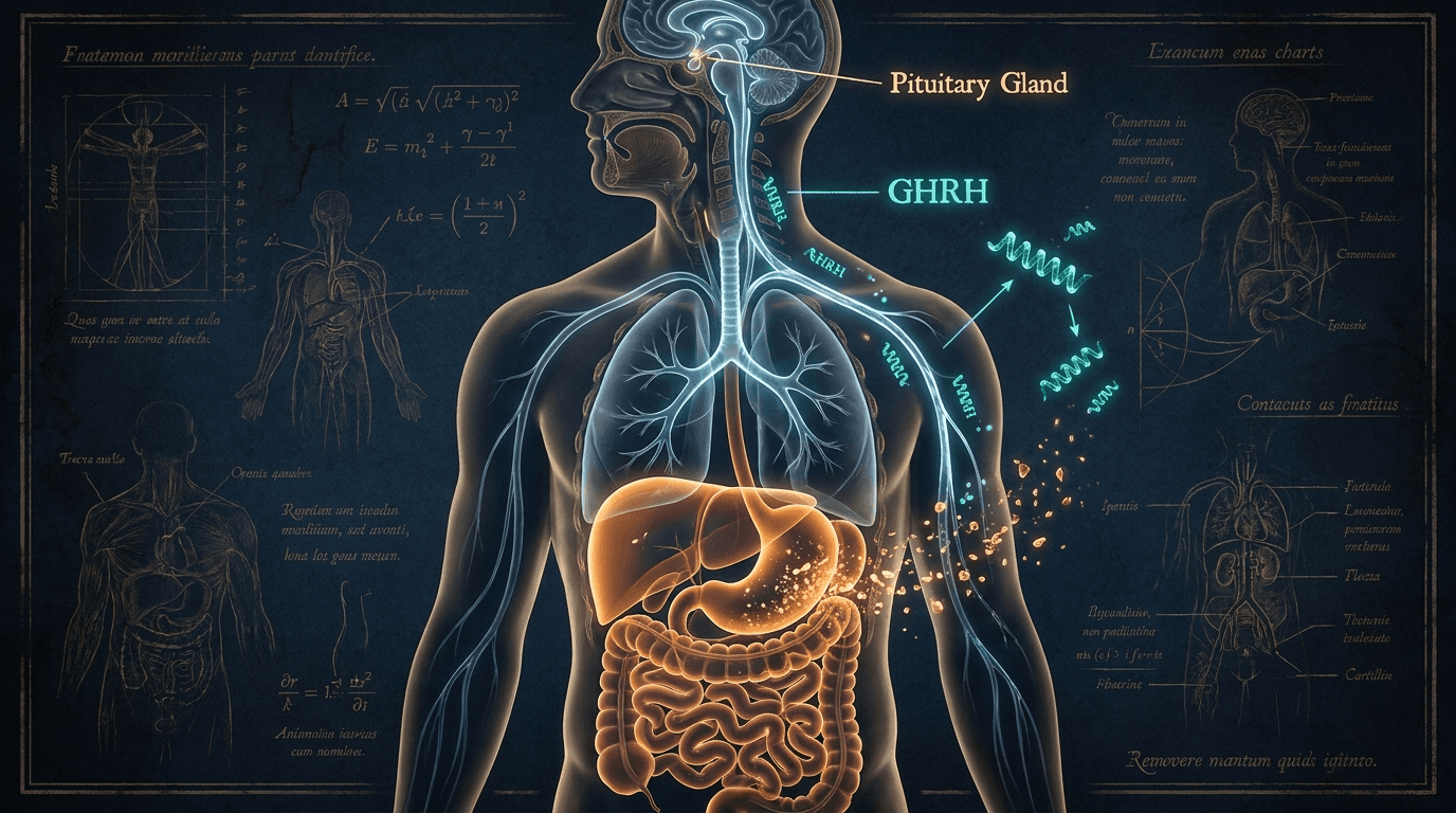 Anatomical illustration showing GHRH peptide pathway from hypothalamus through pituitary to visceral fat dissolving — tesamorelin mechanism of action
