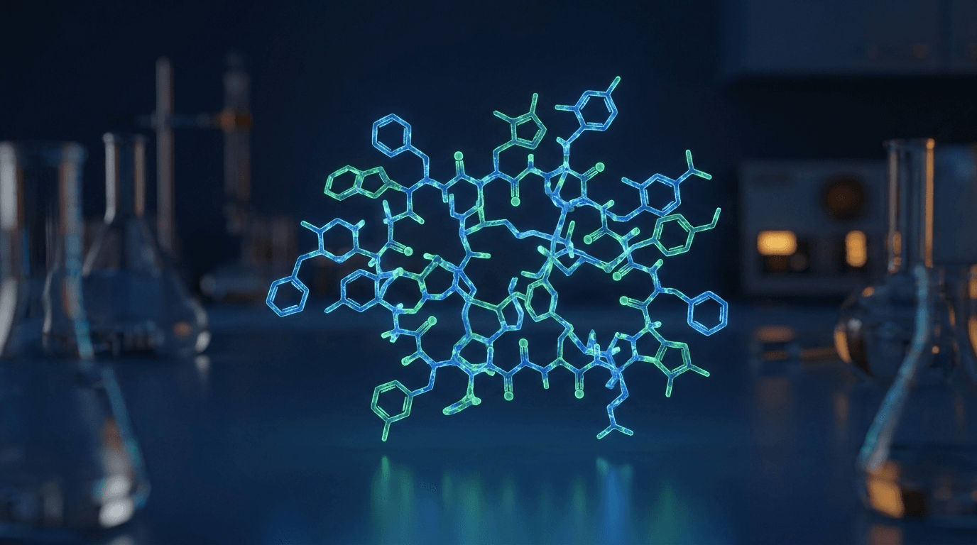 Selank heptapeptide molecular structure visualization glowing blue-green — synthetic tuftsin derivative peptide research