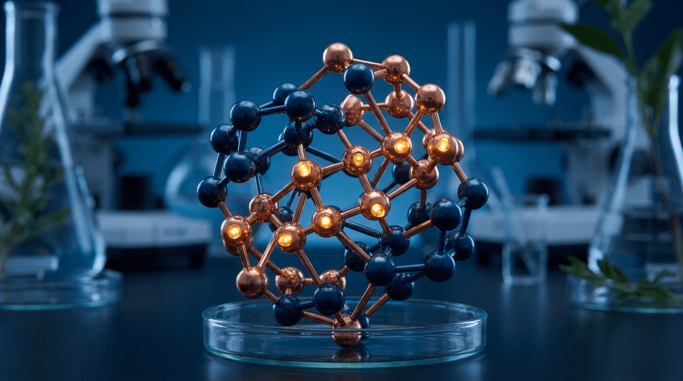 GHK-Cu copper peptide molecular visualization with warm amber and teal scientific aesthetic — skin anti-aging peptide research