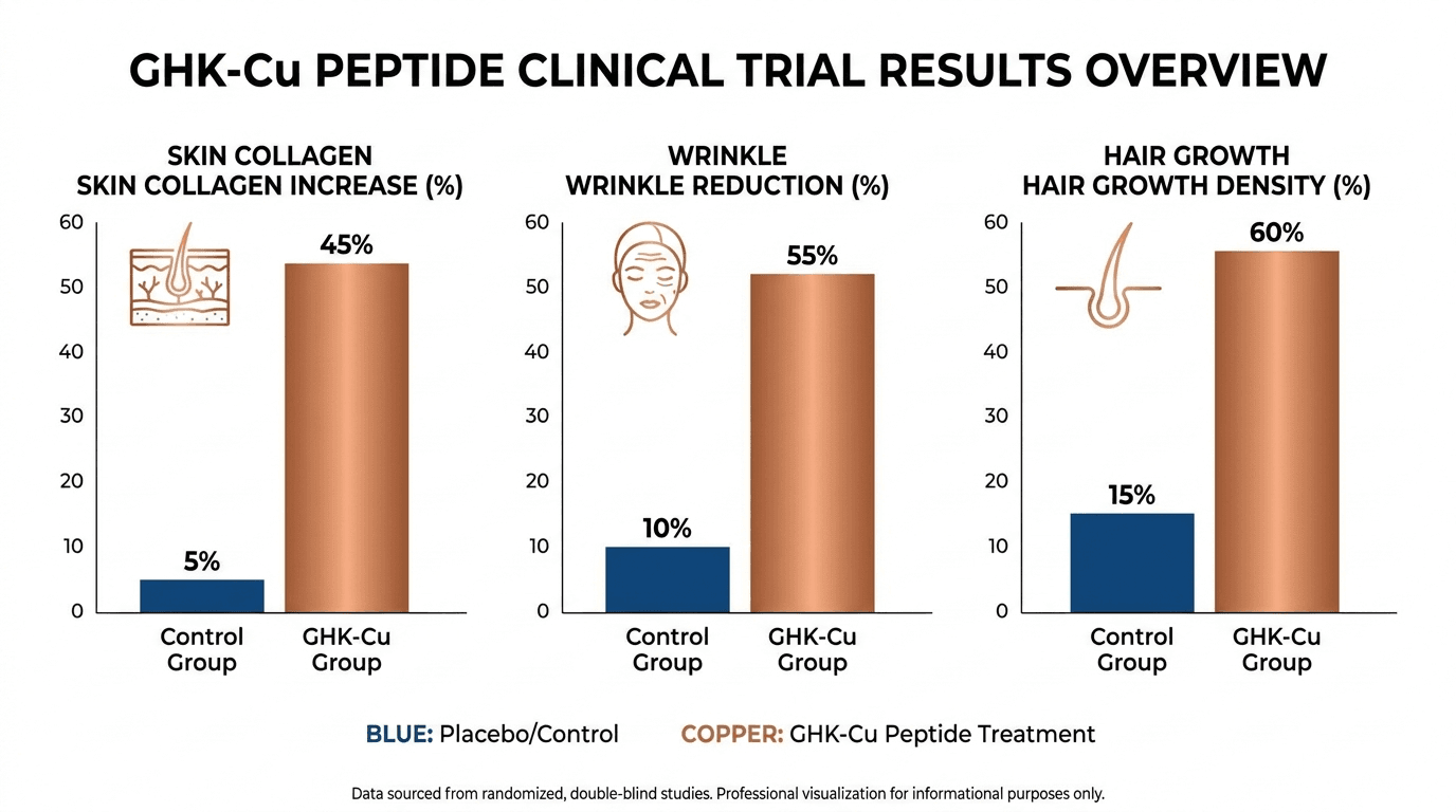 Clinical trial infographic showing GHK-Cu skin collagen increase, wrinkle reduction percentages, and hair growth data — peptide skincare evidence