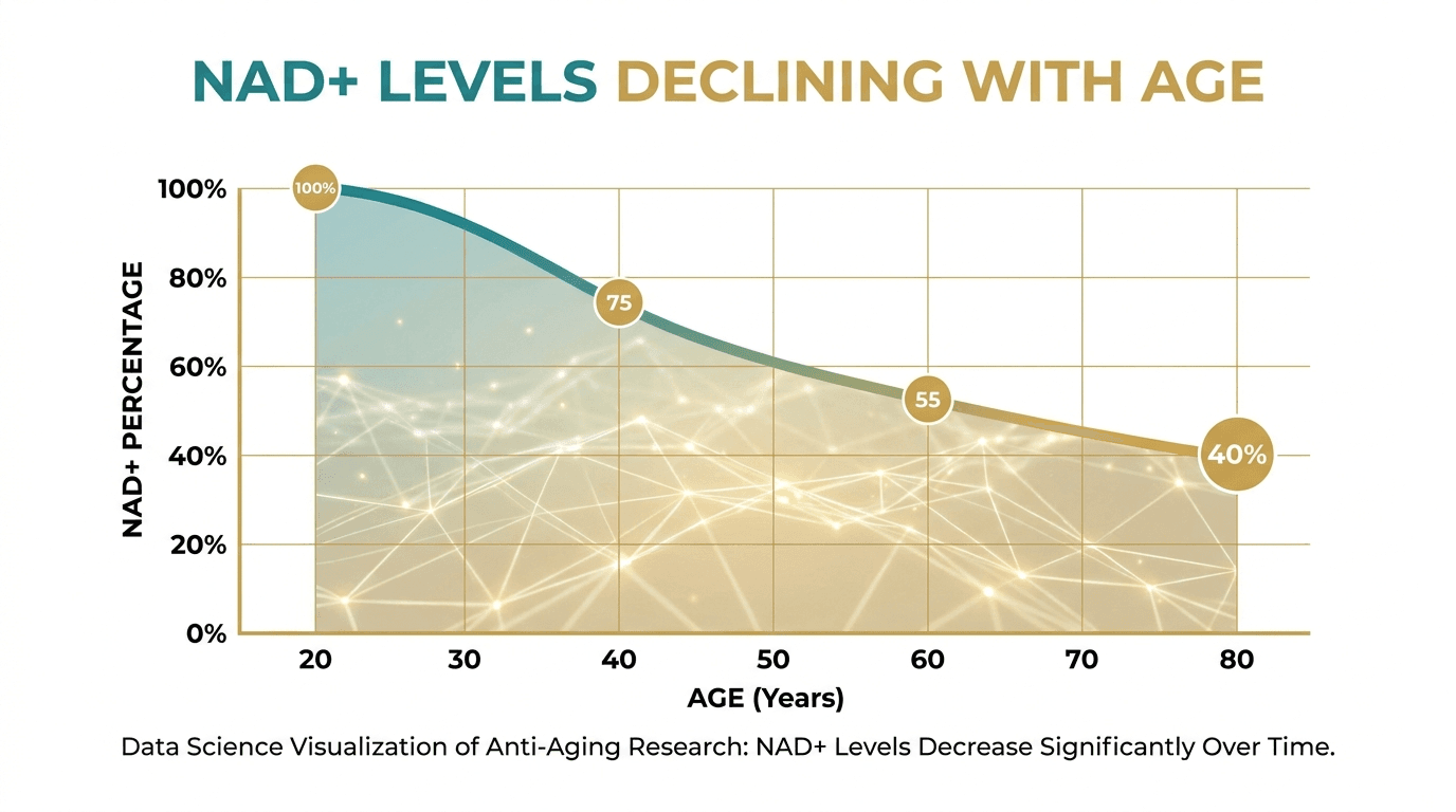 Medical infographic showing NAD+ levels declining with age from 100% at age 20 to 40% by age 80 — anti-aging research data visualization