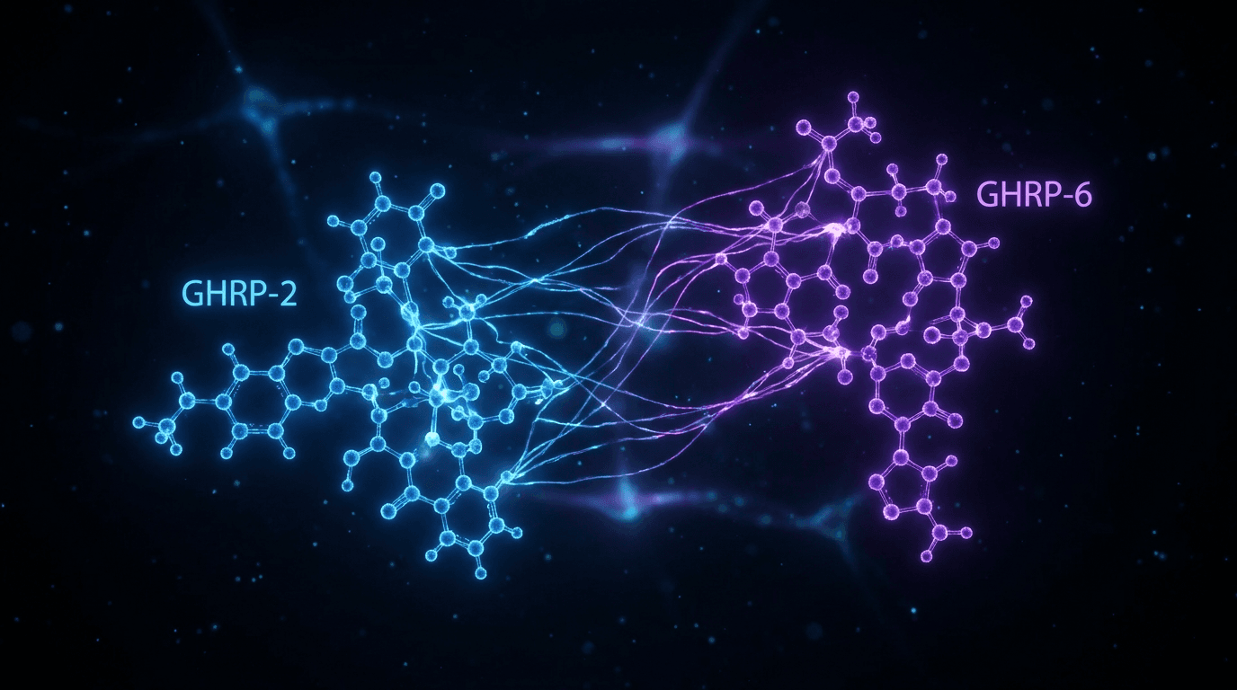 GHRP-2 and GHRP-6 peptide molecular structures glowing electric blue and violet side by side — growth hormone releasing peptide head-to-head comparison visualization