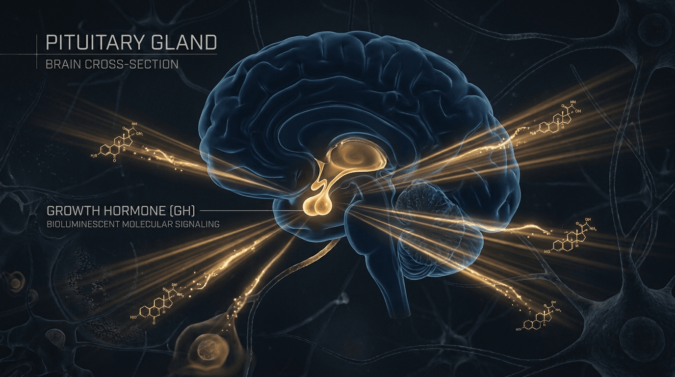 Human pituitary gland glowing golden-amber within brain silhouette with growth hormone molecules radiating outward — GH secretagogue mechanism visualization