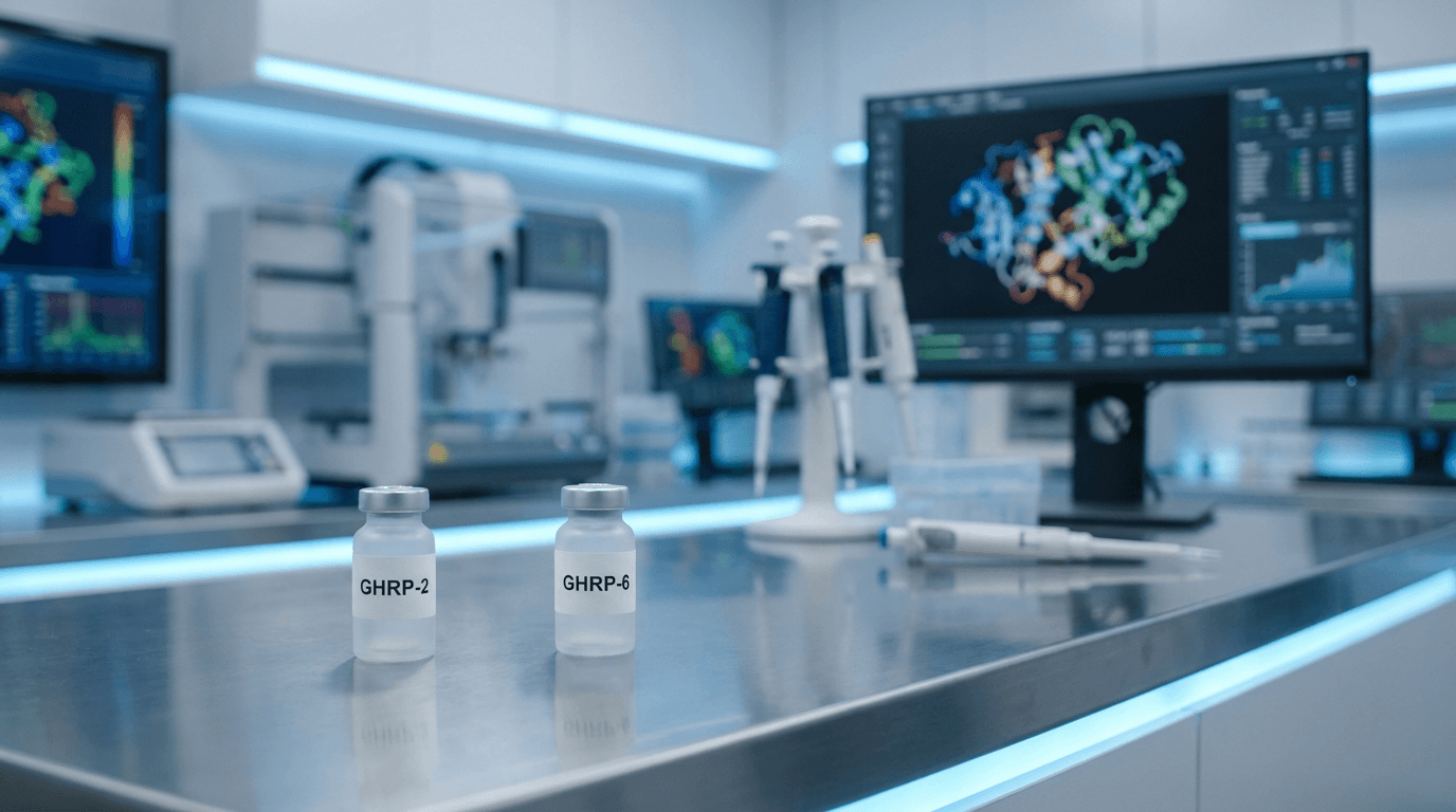 Research laboratory with GHRP peptide vials in sterile professional setting with blue LED lighting and scientific equipment