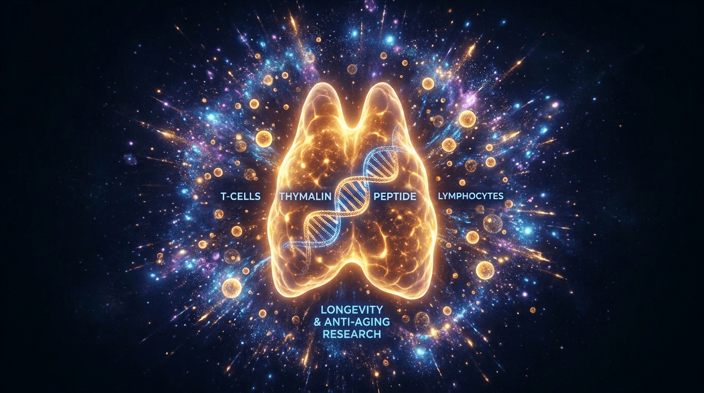 Thymus gland glowing golden with immune cells radiating outward — Thymalin peptide longevity and immune research visualization