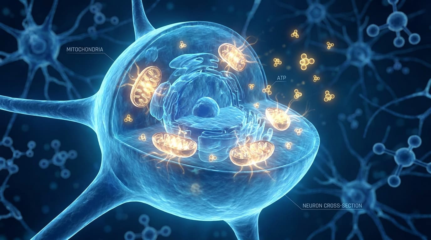 Mitochondria glowing with golden bioluminescent energy inside a human neuron — Humanin peptide longevity research visualization
