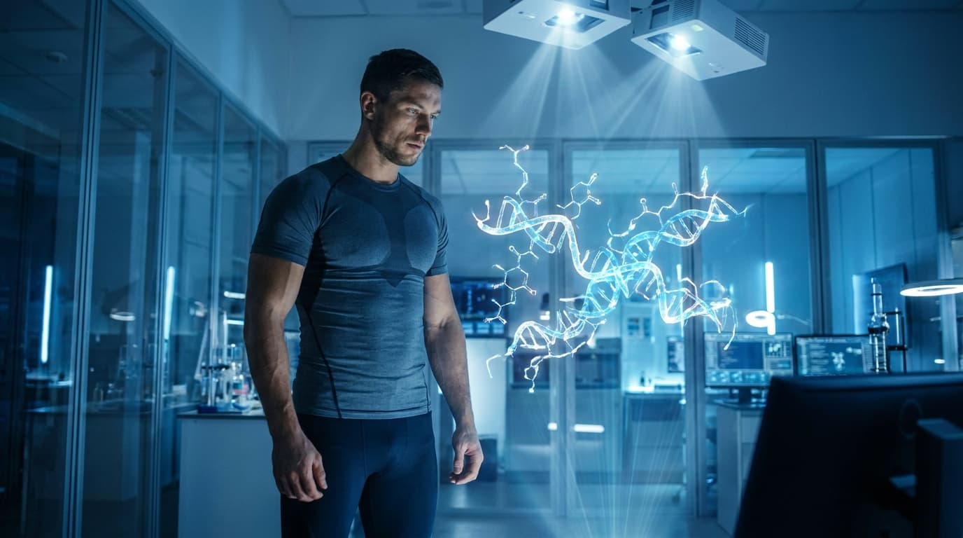 Athletic male in research laboratory surrounded by holographic peptide molecular structures — muscle growth peptide research