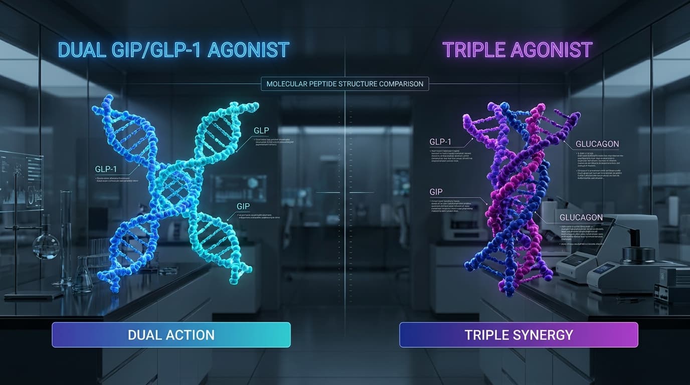 Split molecular structures representing dual GIP/GLP-1 agonist vs triple GLP-1/GIP/glucagon agonist — tirzepatide vs retatrutide comparison
