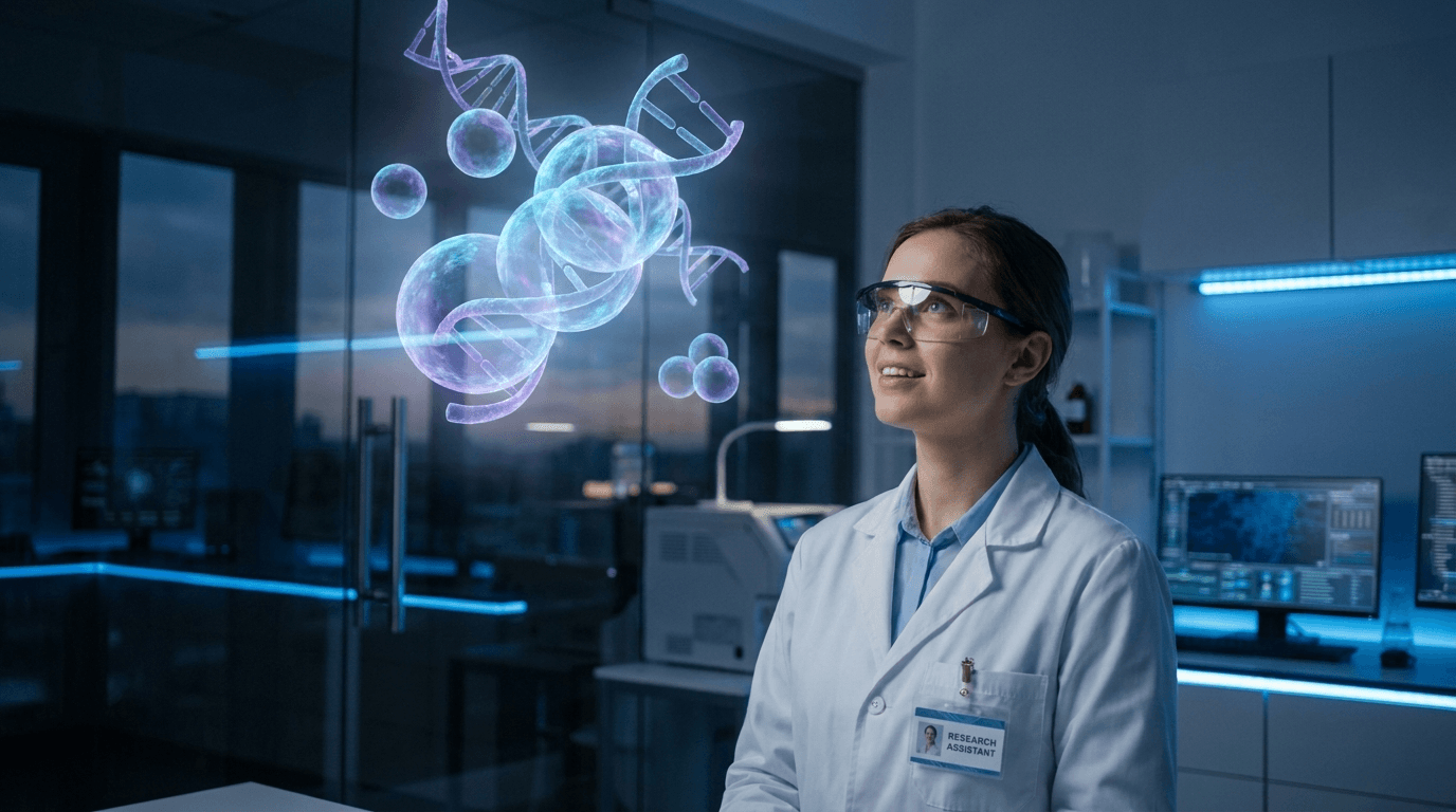 Researcher looking at glowing peptide molecular holograms in modern research facility — peptide research beginners guide 2026