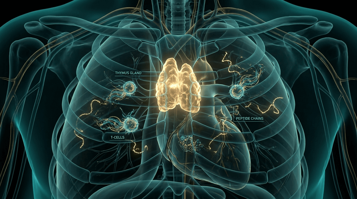 Thymus gland glowing teal-gold in human chest cavity surrounded by immune T-cells and peptide chains — Thymalin immune research visualization