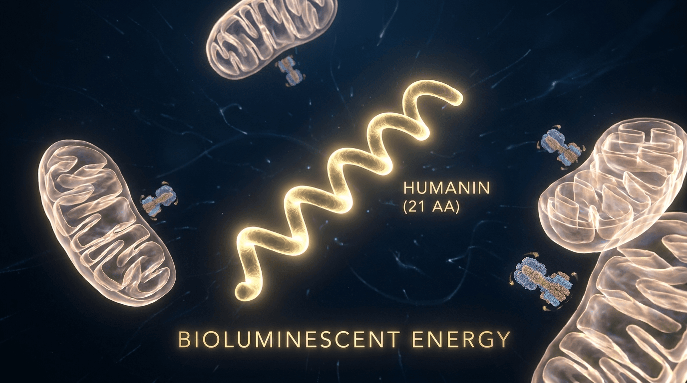 Humanin peptide 21-amino acid chain glowing gold surrounded by mitochondria cross-sections — mitochondrial derived peptide research visualization