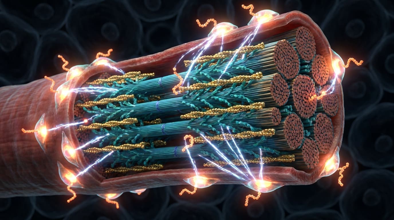 Human muscle fiber cross-section showing peptide chains binding to satellite cells — anabolic signaling pathway visualization