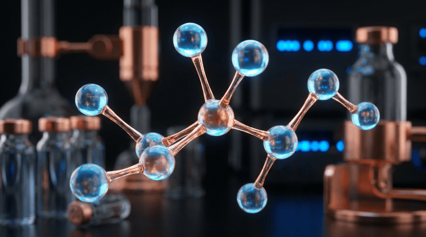 GHK-Cu copper peptide molecular structure visualization with copper-blue glowing molecular bonds on dark background — anti-aging research science 2026
