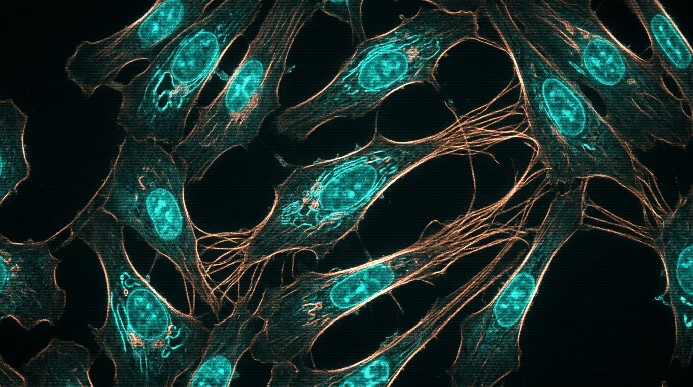 Human skin fibroblast cells producing collagen fibers under scientific microscopy — GHK-Cu copper peptide mechanism of action visualized