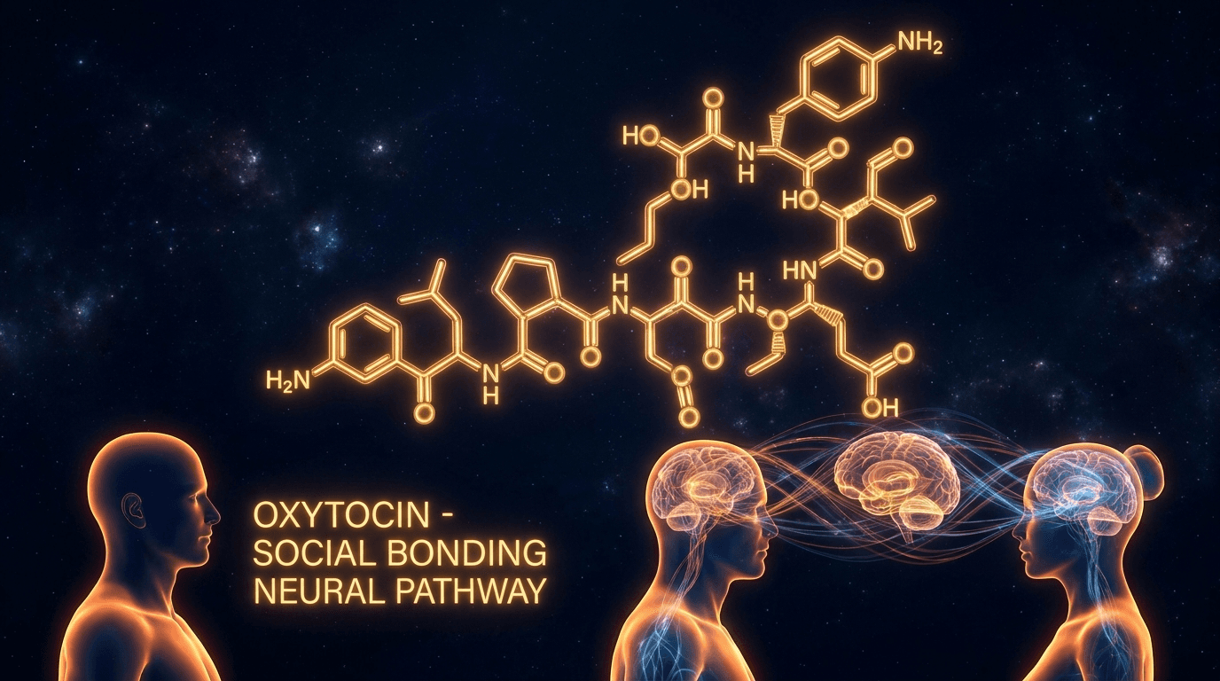 Oxytocin peptide molecular structure with brain connectivity visualization