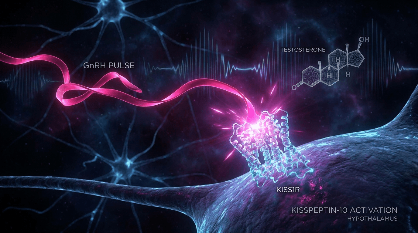 HPG axis diagram showing kisspeptin signaling from hypothalamus to testes