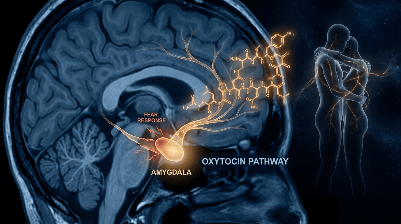 Brain regions showing oxytocin receptor distribution including amygdala and prefrontal cortex
