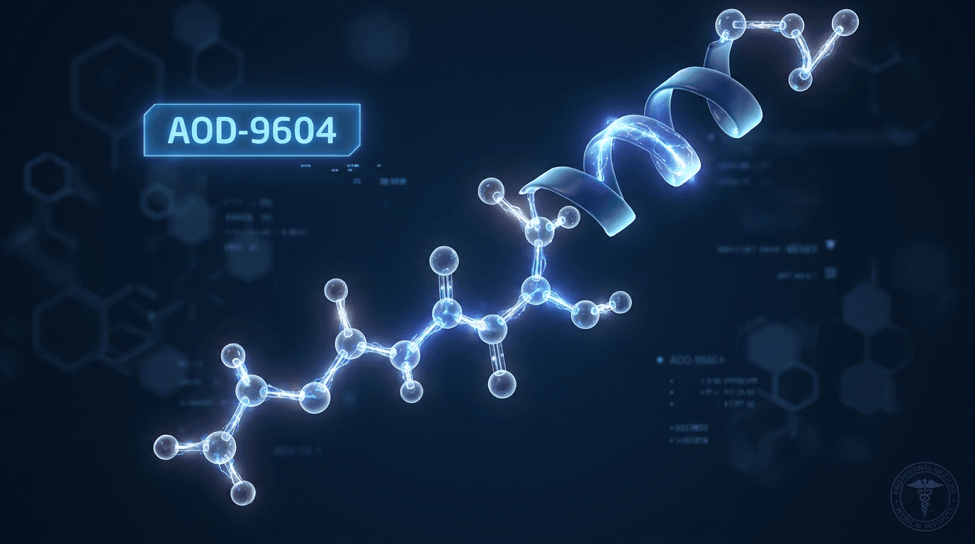 AOD-9604 peptide molecular structure — blue glowing molecular bonds on dark background, scientific 3D visualization