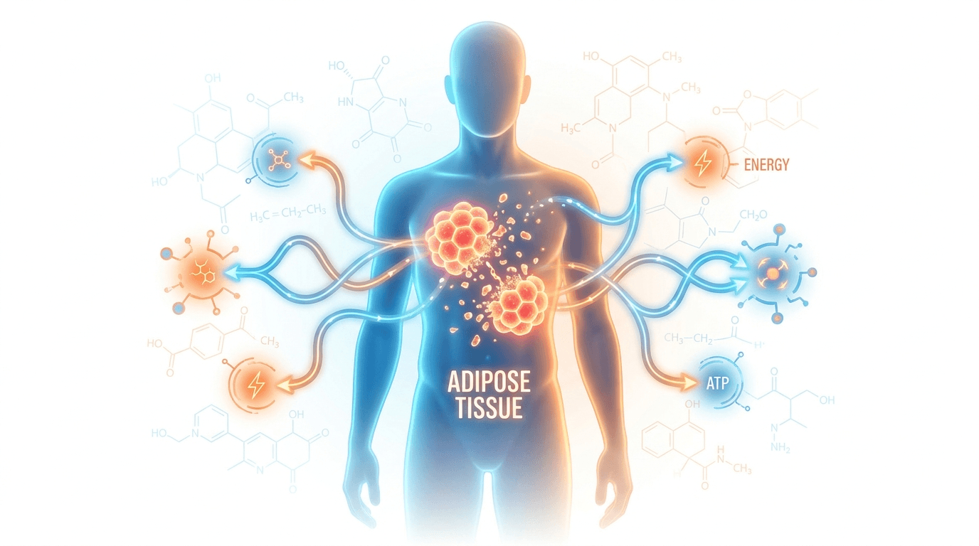Human body silhouette illustration showing AOD-9604 fat metabolism process — orange-red adipose tissue breakdown, blue energy pathways highlighted