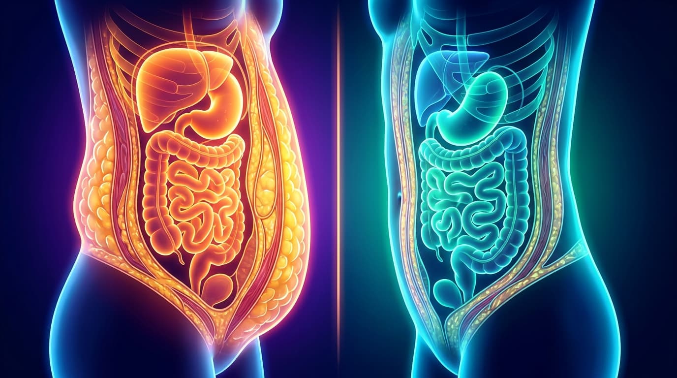 Scientific comparison of visceral adipose tissue — cross-sectional illustration showing excess orange adipose tissue on left versus reduced tissue in blue-green tones on right
