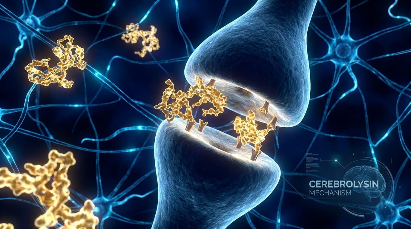 Cerebrolysin neuropeptides binding to neural synaptic receptors in a photorealistic brain visualization with glowing golden molecular structures