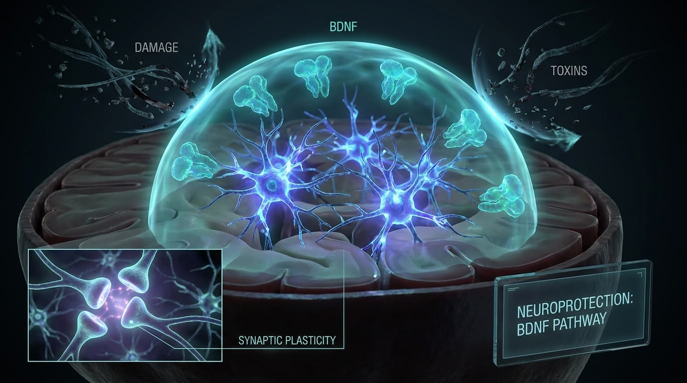 Visualization of BDNF neurotrophic proteins protecting neurons from damage with blue-purple bioluminescent dendrites showing neuroplasticity