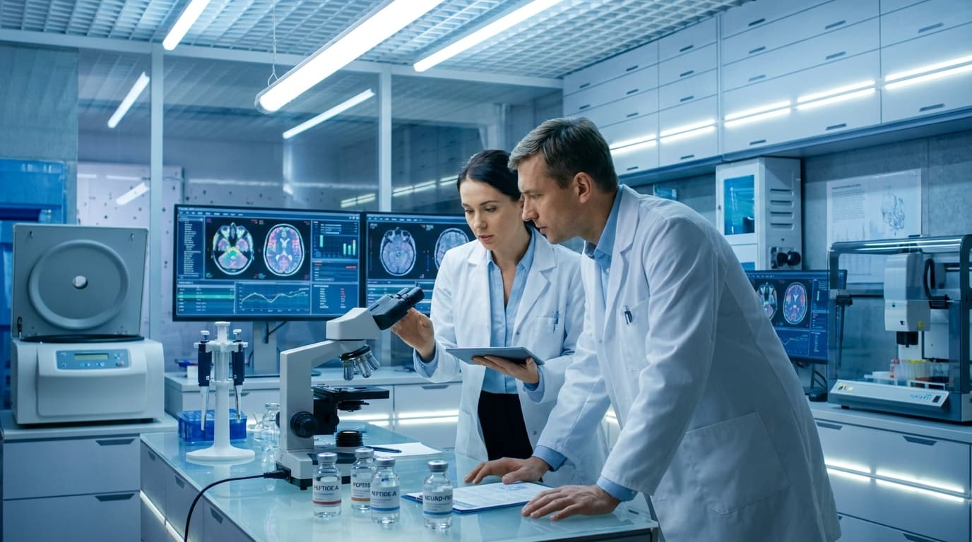 Research laboratory with peptide vials and brain MRI scans displayed on screens as researchers examine neurological data in clinical setting