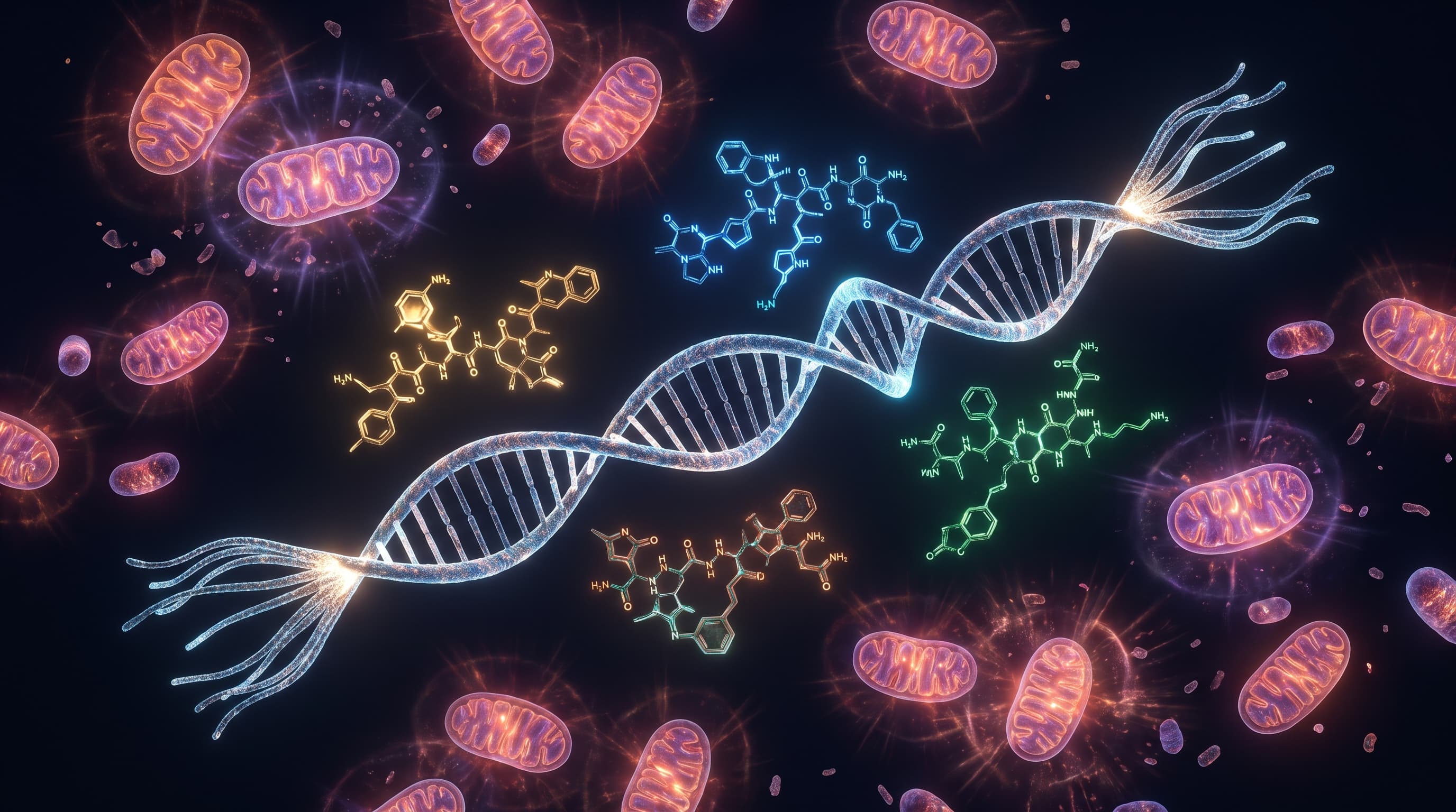 Four peptide molecules in gold, blue, copper, and green orbiting a DNA double helix with telomeres extending — Epithalon MOTS-c SS-31 GHK-Cu longevity stack