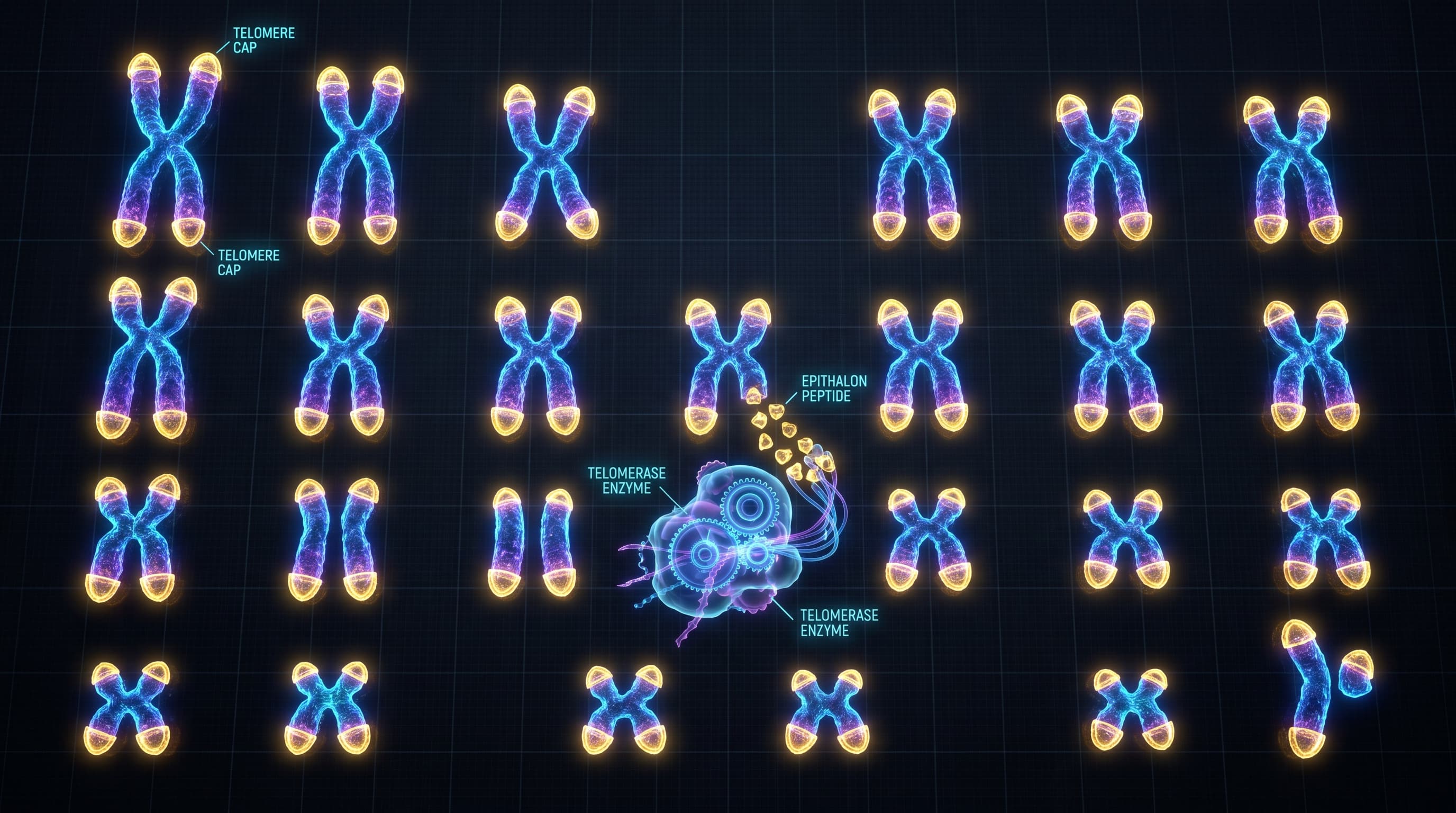 Human chromosome telomere caps shown as glowing gold protective shields with telomerase enzyme extending them — Epithalon peptide mechanism