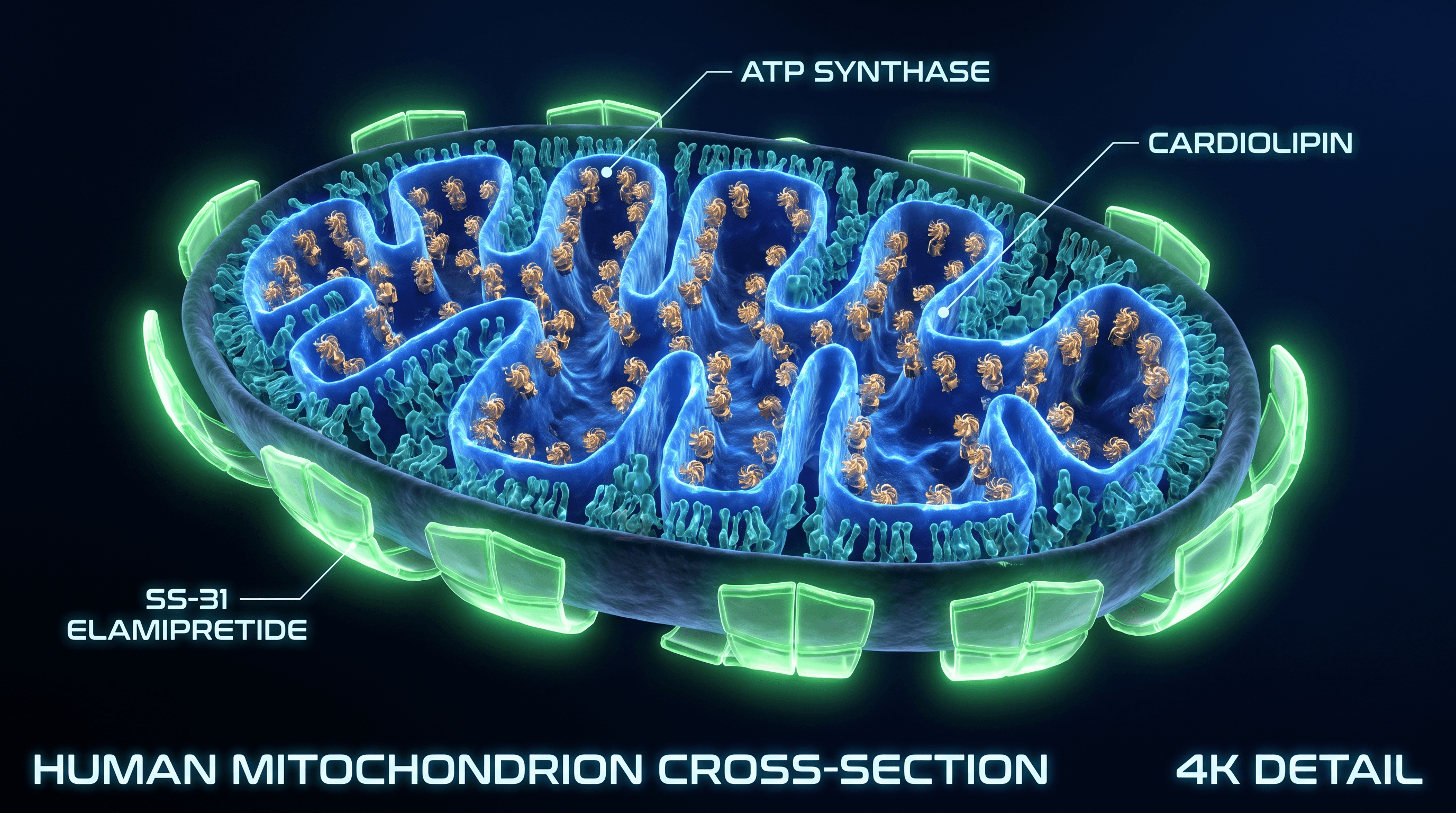 Mitochondrion cross-section showing cristae, ATP synthase turbines, cardiolipin molecules, and SS-31 elamipretide shields protecting the inner membrane